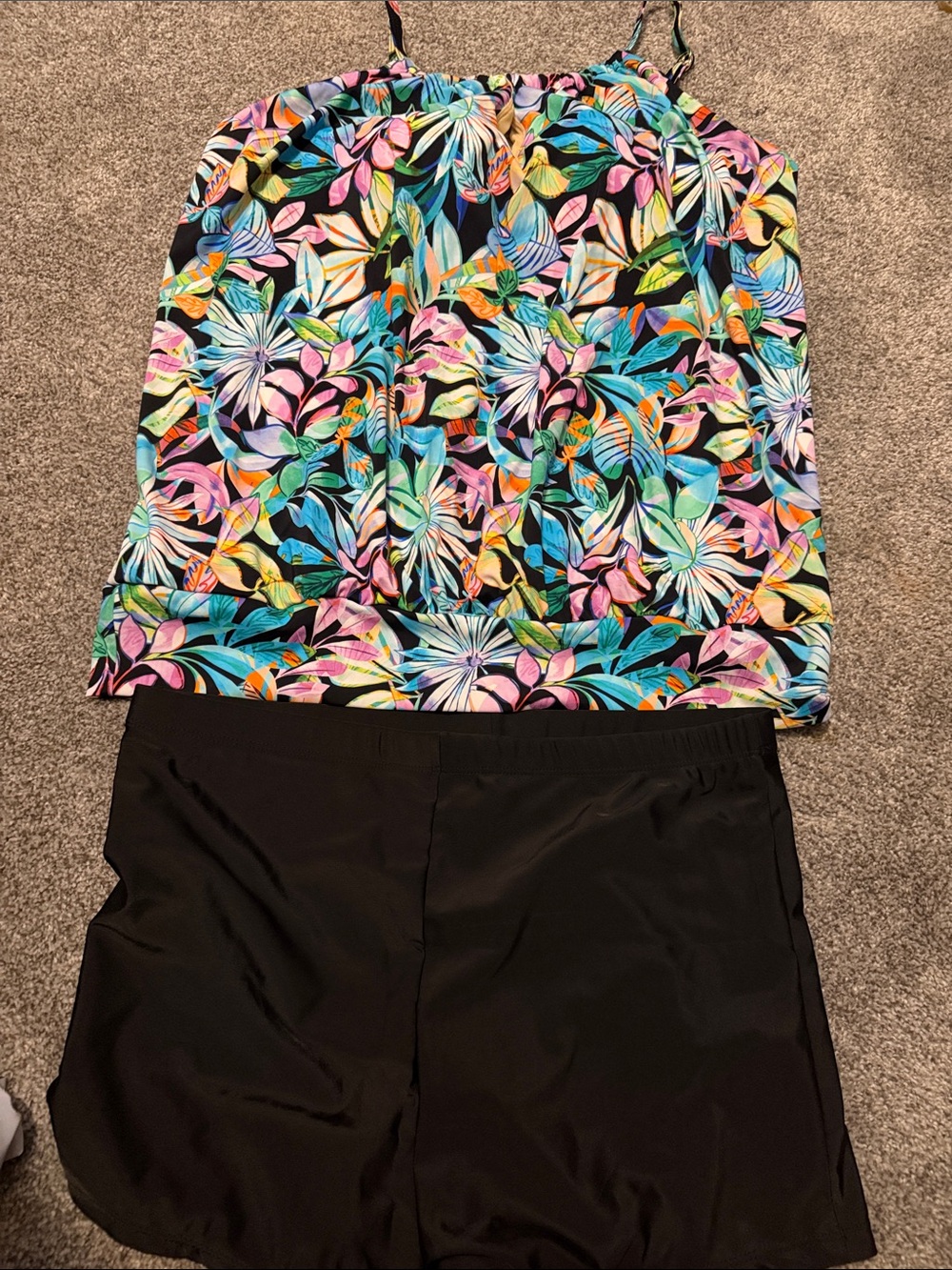 Women’s Black Swim Shorts with Multicolor Floral Tankini Top